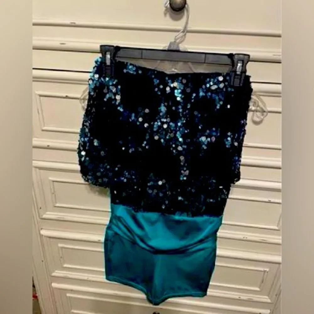 Adult Small 3pc Dance Costume Turquoise & Black With Sequins Fringe Leotard Tap